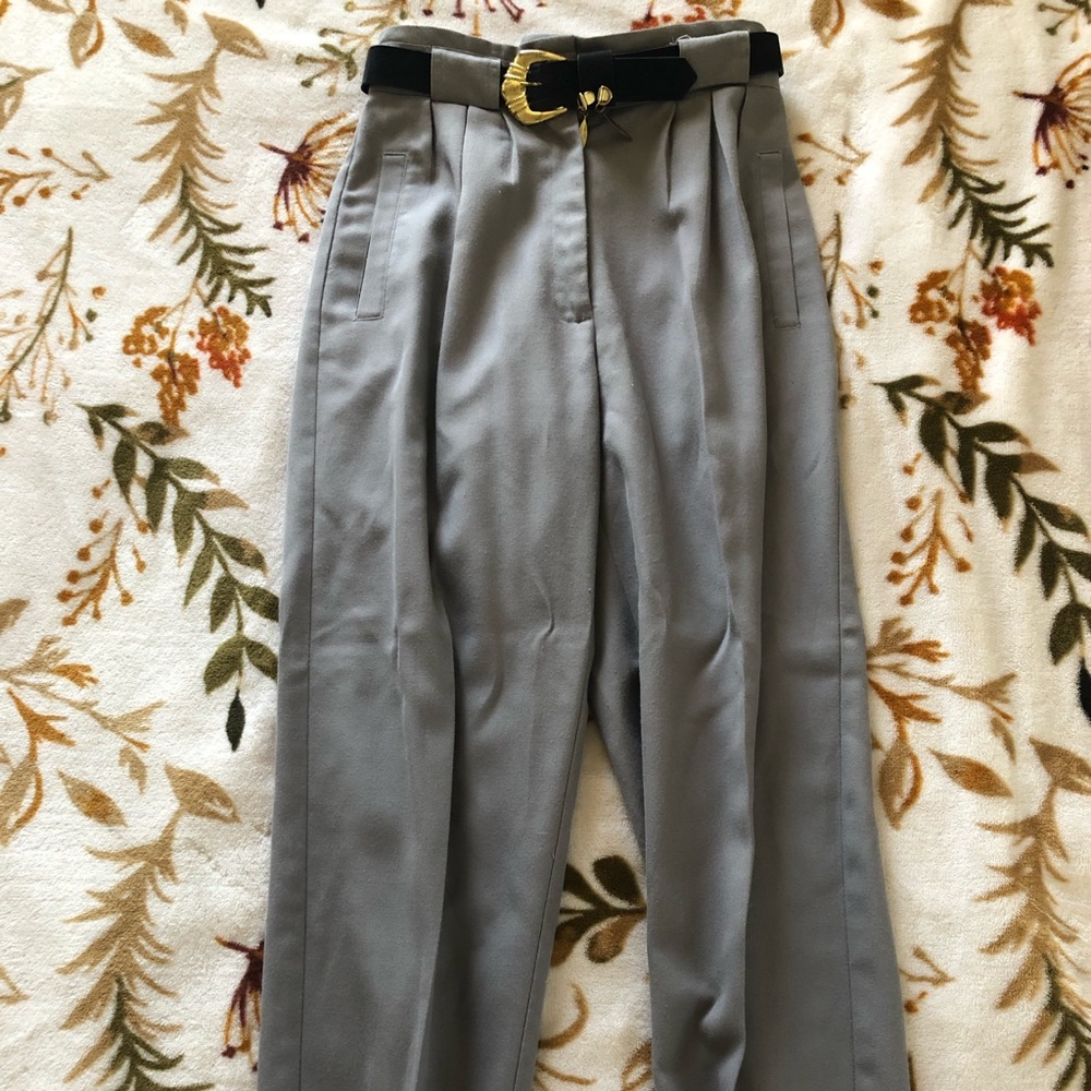Vintage Slacks with Belt - Petite, Grey, Black Belt, Gold Detail
